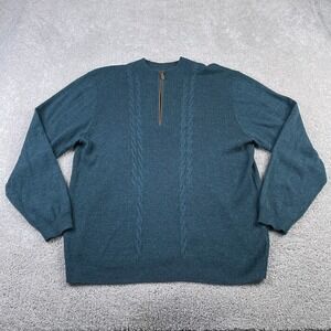 Turnbury Sweater Mens XL Blue Teal Merino Wool Quarter‎ Zip Pullover Cable Knit